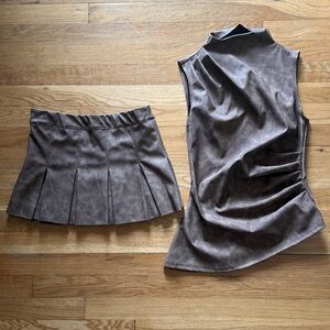 Faux Leather Brown Sleeveless Peplum Top with Pleated Skirt